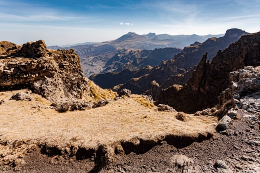 View of beautiful Semien or Simien Mountains National Park landscape in Northern Ethiopia. Africa wilderness, Sunny day and blue sky