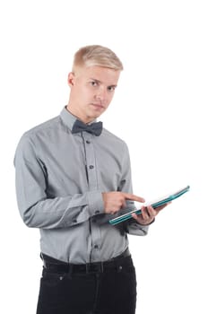 Man with tablet on his hands isolated on white.