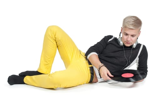 Male with headphones and vinyl isolated on white.