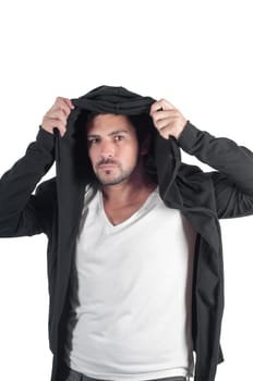 Young man dressing hoodie isolated on white.