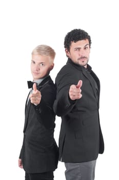 Two white men pointing with their fingers, isolated