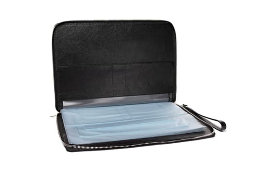 Black leather organizer opens to reveal a spacious interior with compartments for documents, cards, and pens, ideal for keeping essentials organized during work or travel.