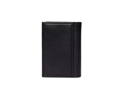 A black leather wallet stands upright, showcasing a minimalist design perfect for organizing cards and cash. The smooth texture highlights the quality of the leather.