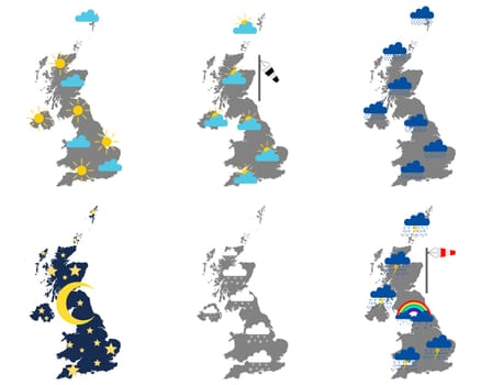 Karten von Grossbritannien mit verschiedenen Wettersymbolen