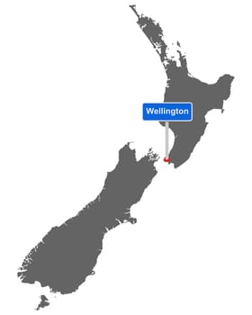 Landkarte von Neuseeland mit Orstsschild Wellington