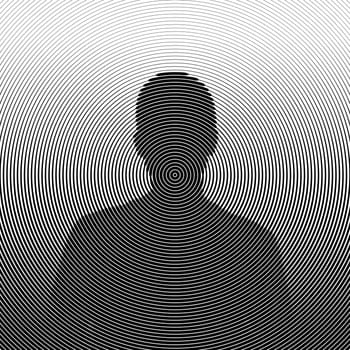 Man silhouette, black and white circular halftone illustration