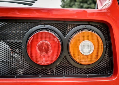 LONDON, UK - CIRCA JUNE 2014: Ferrari F40 tail lights detail shot.