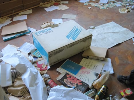 Old paper archives of an abandoned power plant. old unnecessary paper.