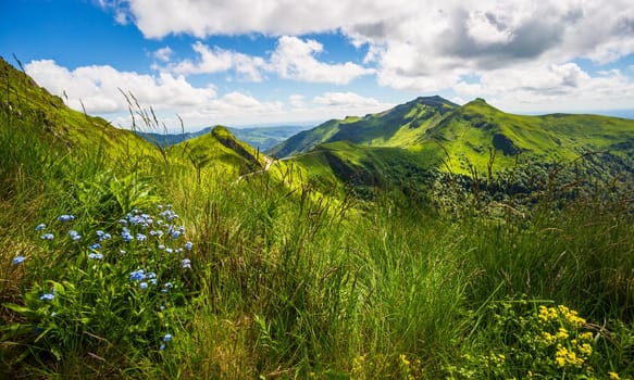Panoramic landscape of volcanic mountains (view from Puy Mary, Massif Central, France)