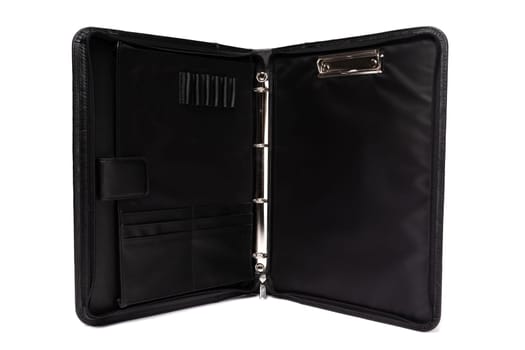 This black leather binder features a sleek design with organized compartments, allowing for efficient storage of documents, cards, and writing materials for business professionals.