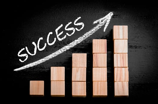 Word Success on ascending arrow above bar graph of Wooden small cubes isolated on black background. Chalk drawing on blackboard. Business Concept image.