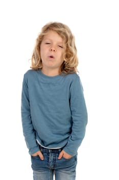 Tired blond child with long hair protesting isolated on a white background