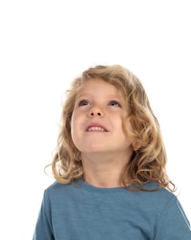 Small blond child imagining something isolated on a white background