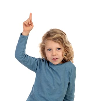 Adorable child with his hands raised asking speak isolated on a white background