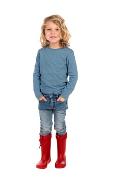 Happy blond child with long hair isolated on a white background