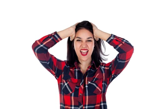 Crazy brunette girl with her hands on the head isolated on a white background