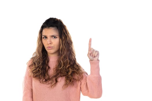 Beautiful middle aged woman with pink woolen sweater isolated on a white background