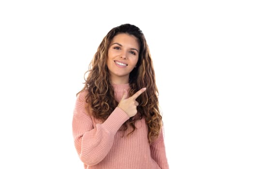 Beautiful middle aged woman with pink woolen sweater isolated on a white background