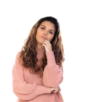 Beautiful middle aged woman with pink woolen sweater isolated on a white background