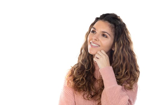 Beautiful middle aged woman with pink woolen sweater isolated on a white background