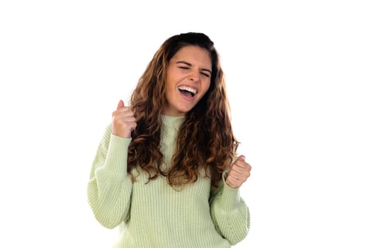 Beautiful woman with wavy hair isolated on a white background