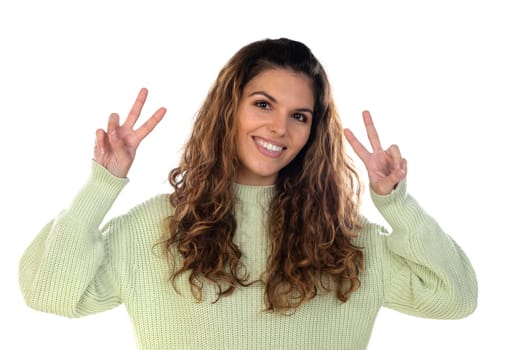 Beautiful woman with wavy hair isolated on a white background
