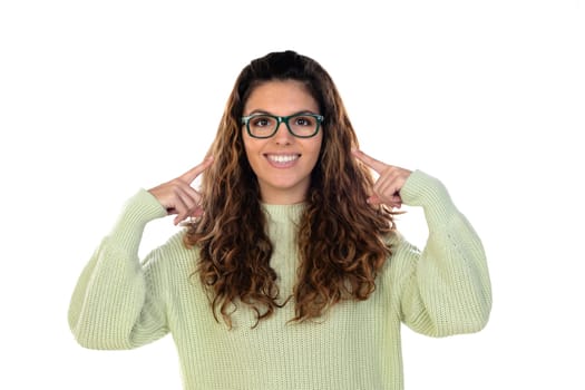Beautiful woman with wavy hair isolated on a white background
