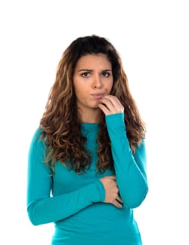 Casual woman with wavy and long hair isolated on a white background