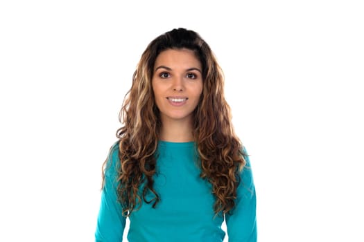 Casual woman with wavy and long hair isolated on a white background