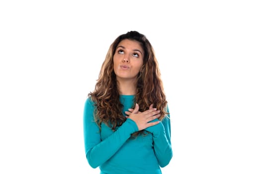 Casual woman with wavy and long hair isolated on a white background