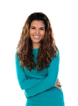 Casual woman with wavy and long hair isolated on a white background