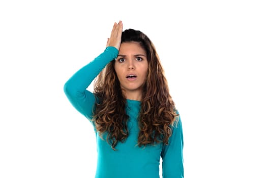 Casual woman with wavy and long hair isolated on a white background