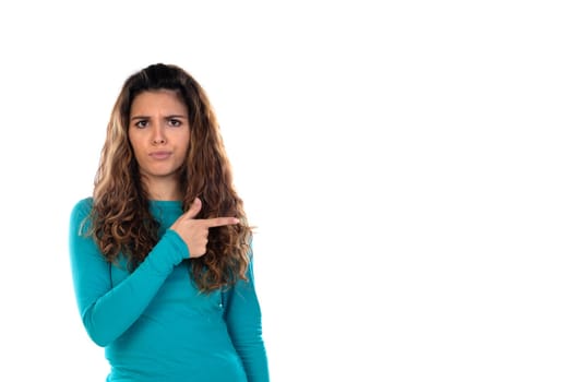 Casual woman with wavy and long hair isolated on a white background