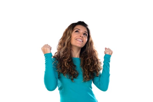 Casual woman with wavy and long hair isolated on a white background