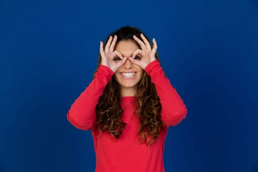 Portrait of beautiful caucasian girl with curly hair isolated on a white background