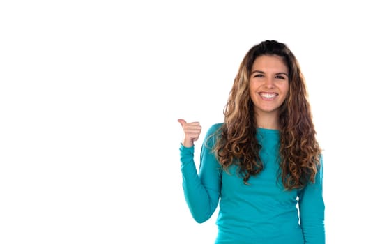 Casual woman with wavy and long hair isolated on a white background
