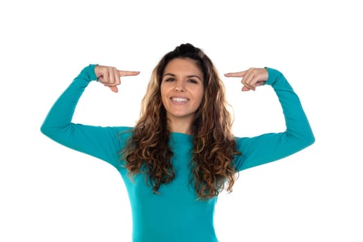Casual woman with wavy and long hair isolated on a white background