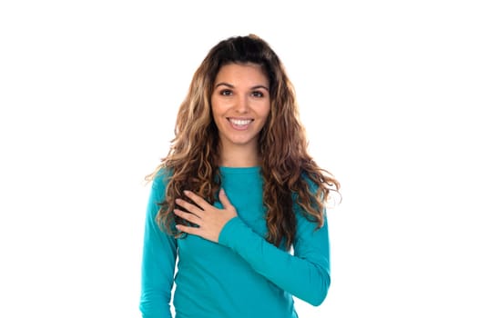 Casual woman with wavy and long hair isolated on a white background