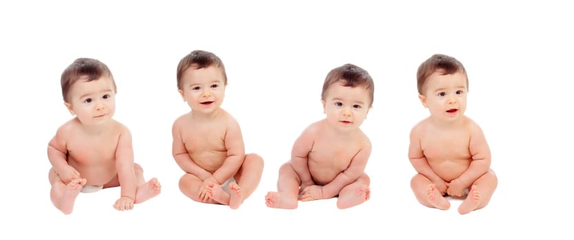 Four equal babies sitting on the floor isolated on a white background