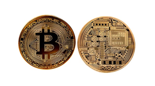 Golden Bitcoin Coin Close Up Isolated