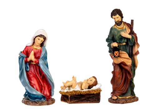 Scene of the nativity: Mary, Joseph and the Baby Jesus isolated on a white background