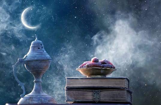 Festive greeting card for Muslim holy month Ramadan Kareem with dates, Quaran, censer and crescent moon.