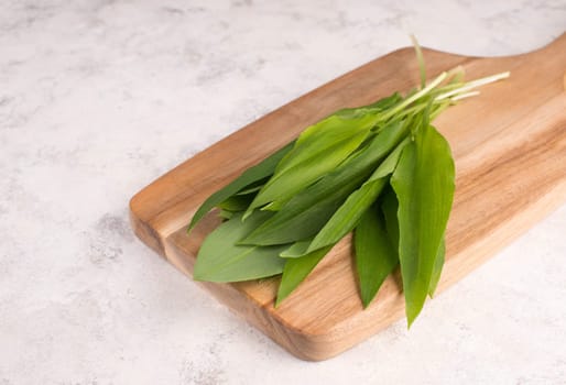 Fresh wild garlic leaves on a textured background, empty copy space for text
