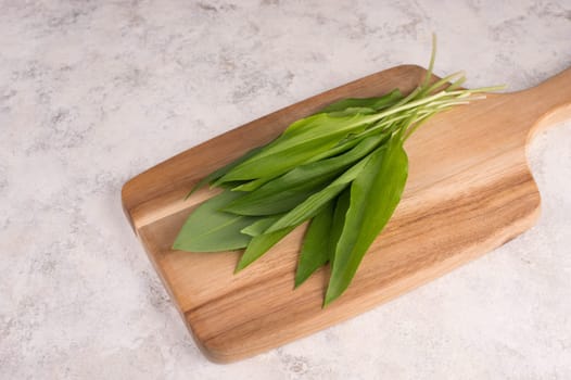 Fresh wild garlic leaves on a textured background, empty copy space for text