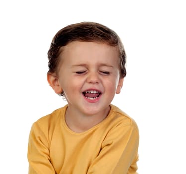 Adorable small child two years old with yellow t-shirt isolated on a white background