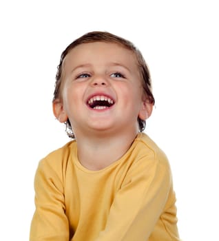 Adorable small child two years old with yellow t-shirt isolated on a white background
