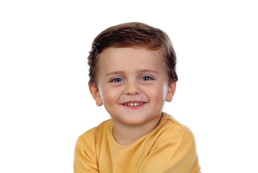 Adorable small child two years old with yellow t-shirt isolated on a white background