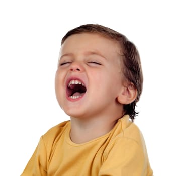 Adorable small child laughing isolated on a white background