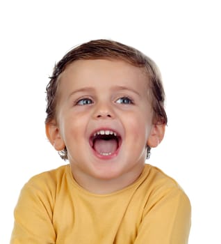 Adorable small child showing his tongue isolated on a white background