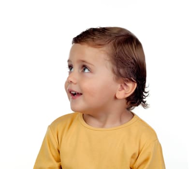 Adorable small child laughing isolated on a white background